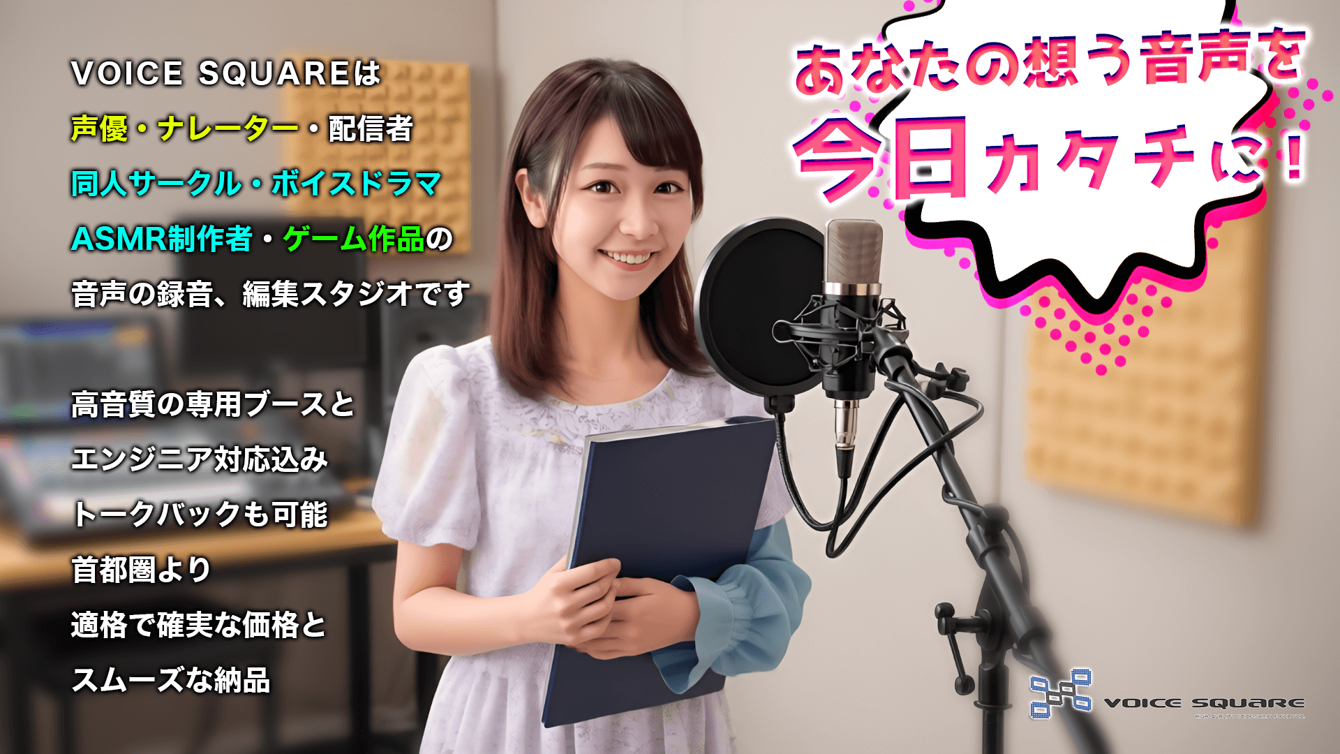 VOICESQUAREは、声優・ナレーター・ポッドキャスター・同人サークル・ボイスドラマ制作者・ASMR制作者、ゲーム向け音声のための録音・編集スタジオ。高音質の専用ブース＆エンジニア対応で、首都圏より適格で確実な価格とサービス、スムーズな制作をお約束します。当日・前日も対応、収録後最短1時間で編集・納品。